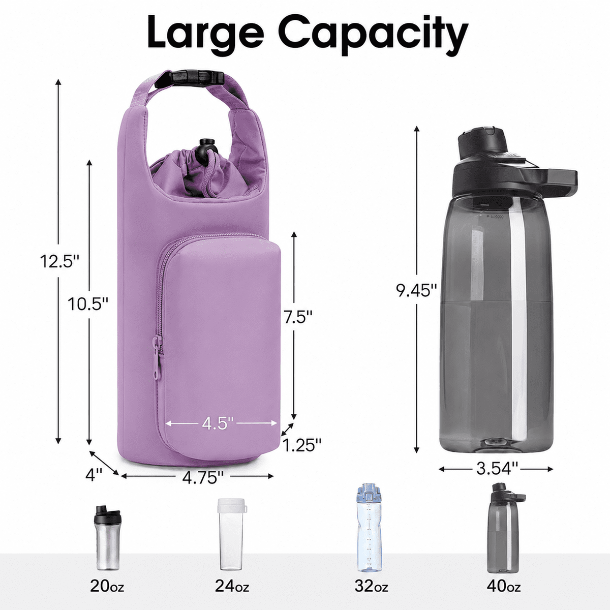 Neoprene Water Bottle Sling with Two Zip Pockets, Fits 20 to 40 oz Bottles - Image 6