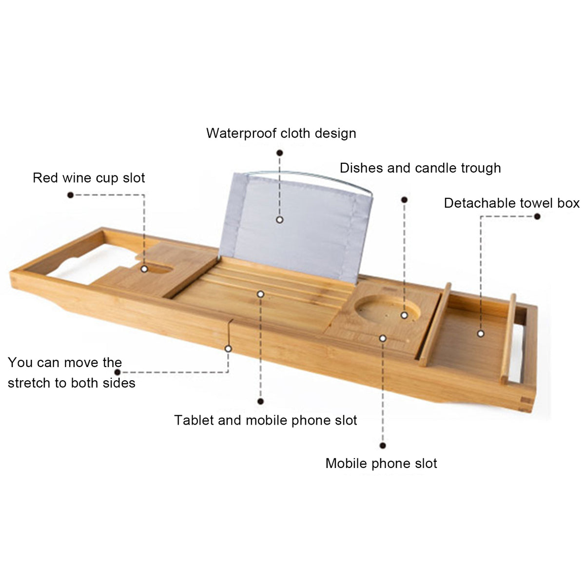 Expandable Bamboo Bathtub Caddy Tray with Non-Slip Silicone Grips - Image 3