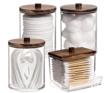 Cotton Swab Canister with Wooden Lid, 10 oz Clear Vanity Storage Jar - Image 4