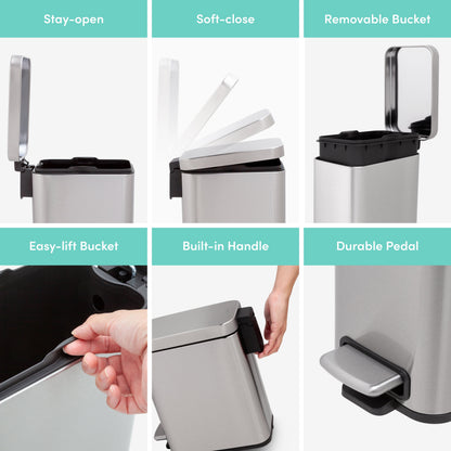 Slim Step-On Trash Cans, Twin Pack of 1.3 Gallon Bins with Soft-Close Lids - Image 4