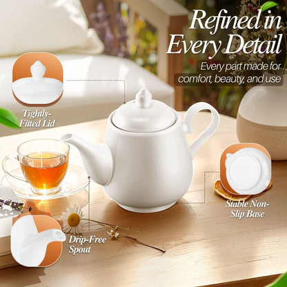 Porcelain Teapot with Removable Lid, 24 oz White Pot for Loose Leaf or Bags - Image 6
