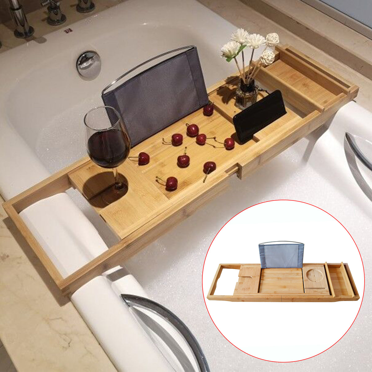 Expandable Bamboo Bathtub Caddy Tray with Non-Slip Silicone Grips - Image 6