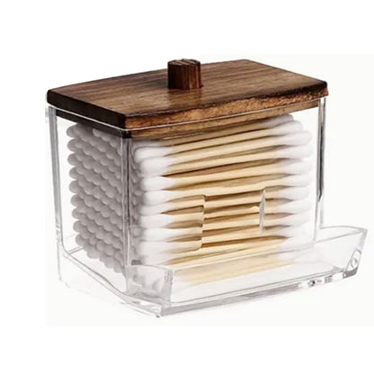 Cotton Swab Canister with Wooden Lid, 10 oz Clear Vanity Storage Jar