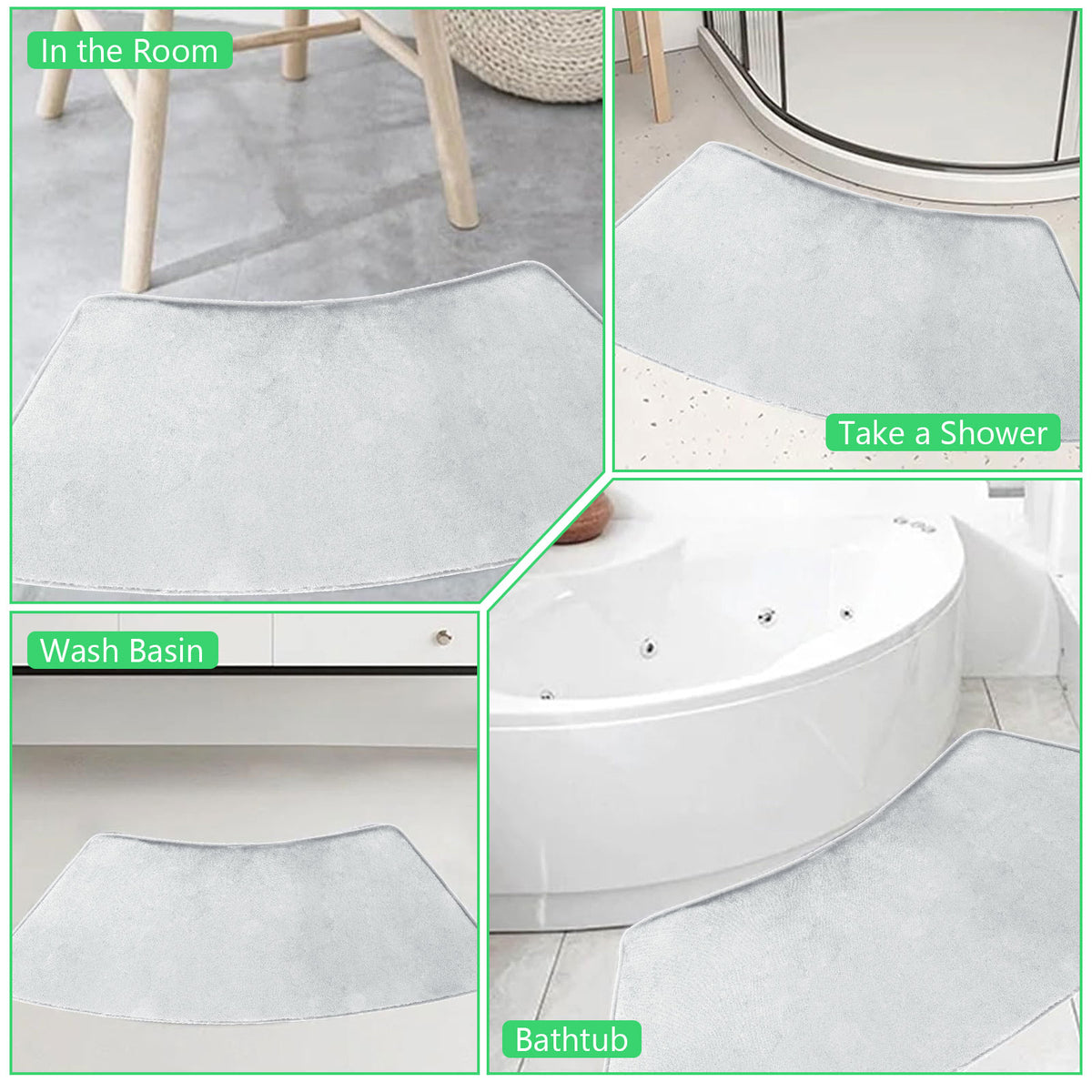 U-Shaped Corner Bath Mats, Set of 2 Memory Foam Rugs in Light Gray - Image 3