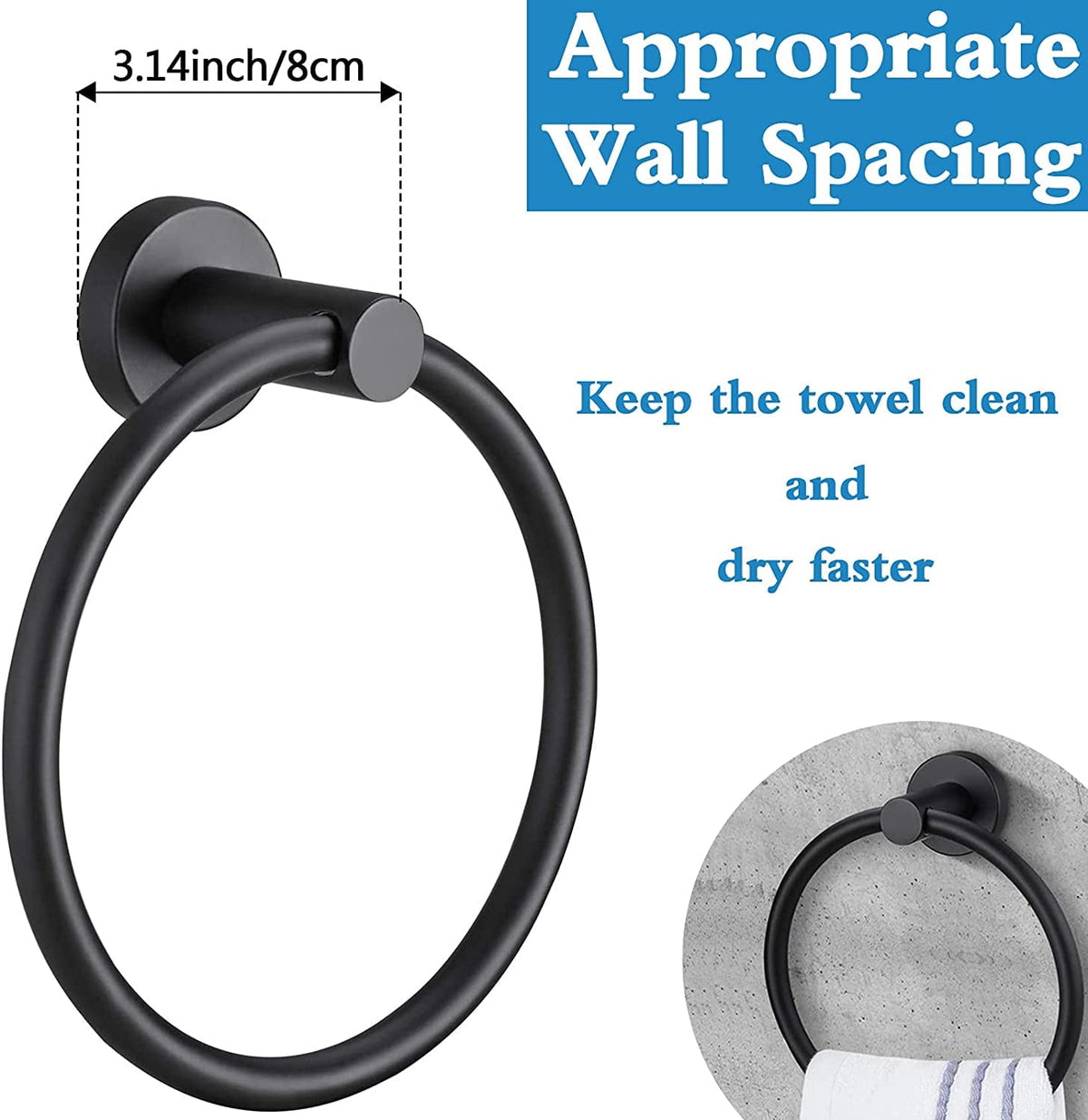 Round Wall-Mounted Towel Ring in Matte Black Stainless Steel, 5.7 Inch - Image 4