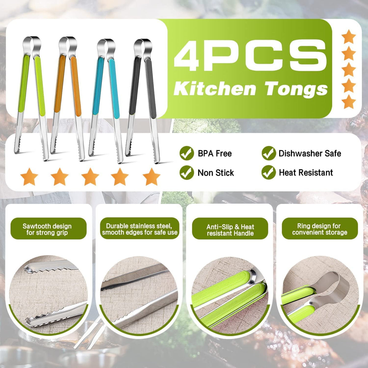 Stainless Steel Kitchen Tongs, Set of 4 Ten-Inch Serving and Grill Tongs - Image 2