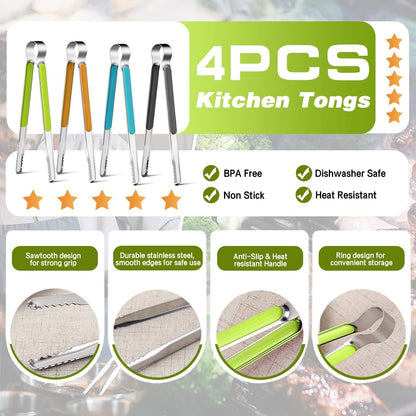 Stainless Steel Kitchen Tongs, Set of 4 Ten-Inch Serving and Grill Tongs - Image 2