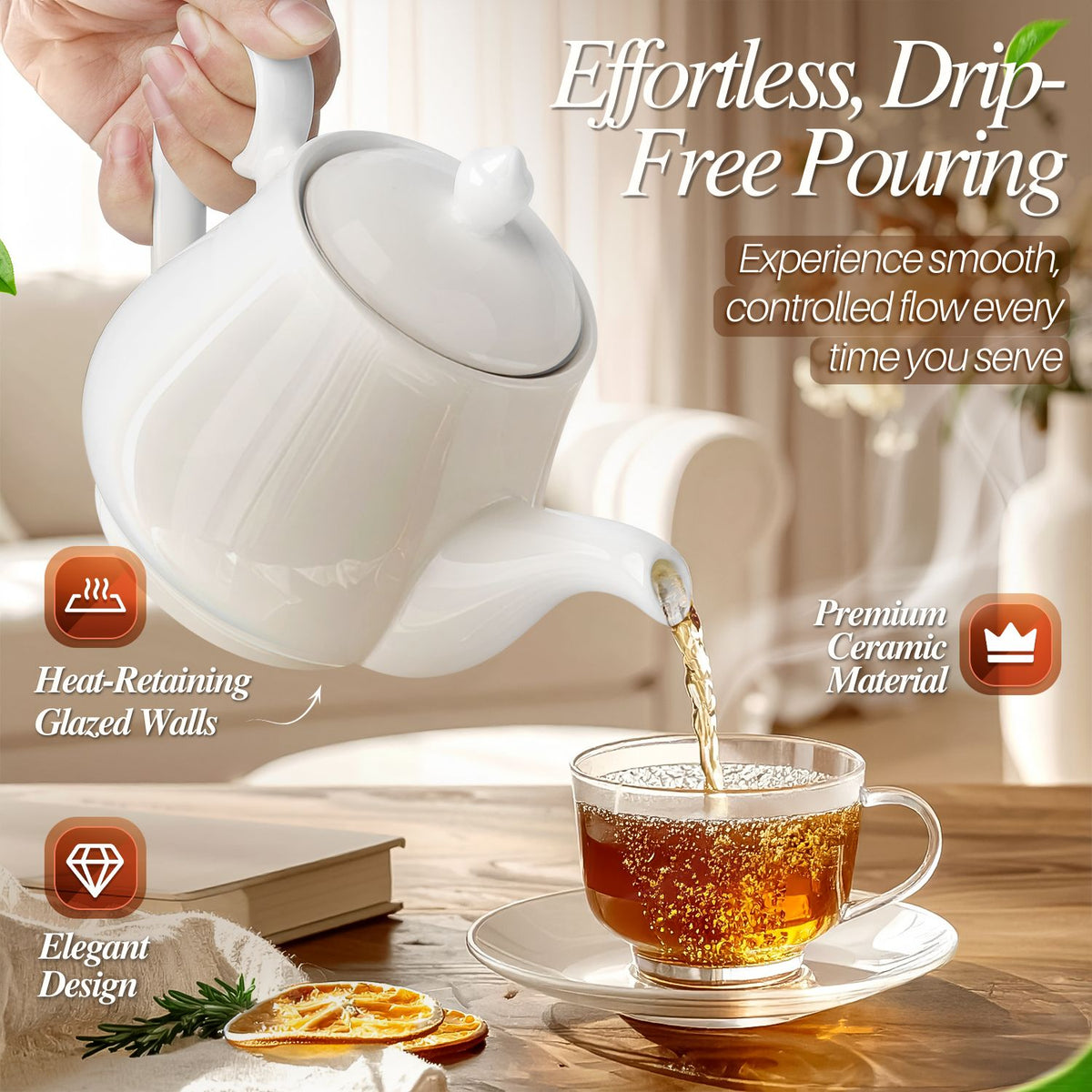 Porcelain Teapot with Removable Lid, 24 oz White Pot for Loose Leaf or Bags - Image 3
