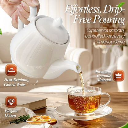 Porcelain Teapot with Removable Lid, 24 oz White Pot for Loose Leaf or Bags - Image 3