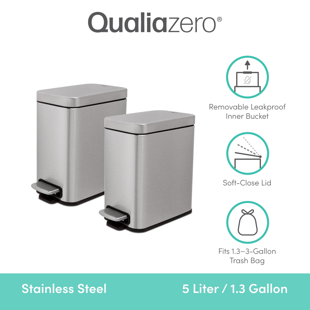 Slim Step-On Trash Cans, Twin Pack of 1.3 Gallon Bins with Soft-Close Lids - Image 2