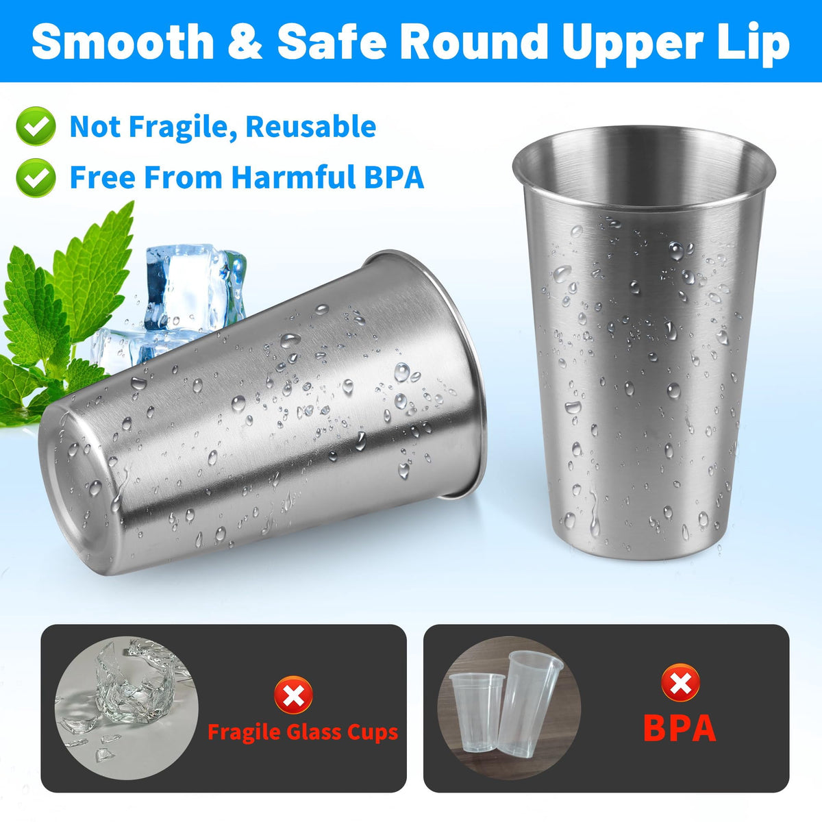 Stainless Steel Pint Cups, Set of 4 Stackable 16 oz Tumblers - Image 4
