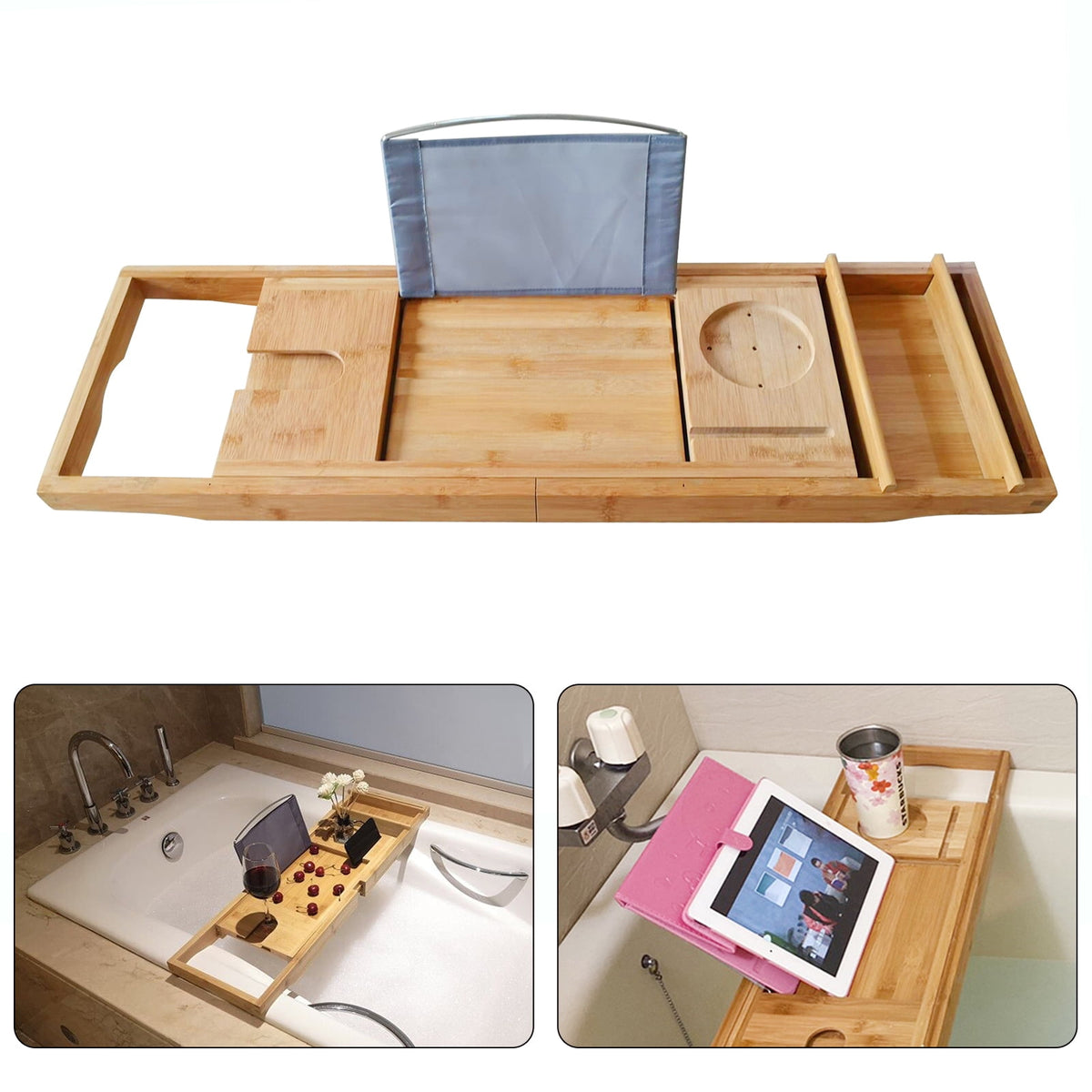 Expandable Bamboo Bathtub Caddy Tray with Non-Slip Silicone Grips - Image 5