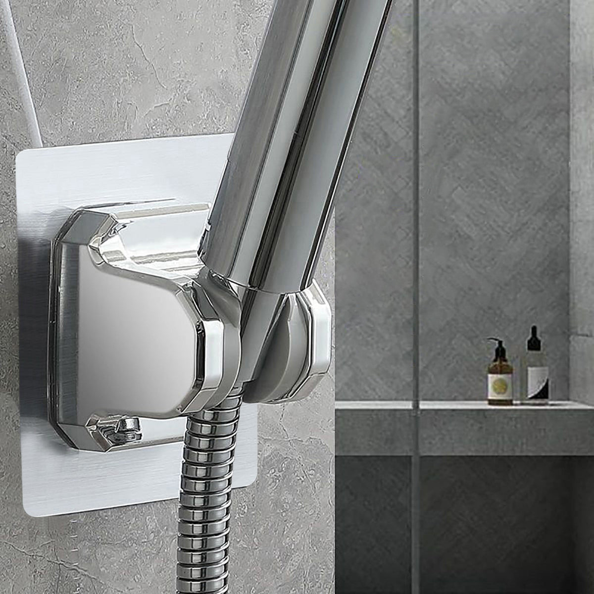Adhesive Shower Head Holder, Adjustable No-Drill Wall Bracket in Silver - Image 4